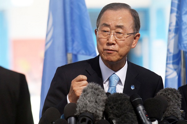 United Nations (UN) Secretary General Ban Ki-moon speaks during a press conference as he visits Abu Hussein United Nations school at the Jabalia refugee camp in the northern Gaza Strip on October 14, 2014. The UN chief's visit to the Gaza Strip came a day after a Cairo conference at which international donors pledged USD 5.4 billion (4.3 billion euros) to rebuild the war-ravaged Gaza Strip. Photo by Abed Rahim Khatib/Flash90 *** Local Caption *** îæëì äàåí áàï ÷é îåï òæä áéú ñôø îãáø çîàñ àå''í