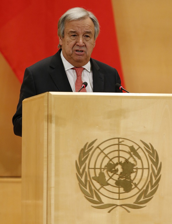 U.N. Secretary general Antonio Guterres delivers a speech during a high-level event in the Assembly Hall at the United Nations European headquarters in Geneva, Switzerland, January 18, 2017. REUTERS/Denis Balibouse - RTSW44G